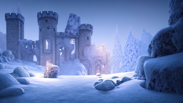 Ancient stone winter castle. Fantasy snowy landscape with a castle. Magical luminous passage, crystal portal. Winter castle on the mountain, winter forest. 3D illustration