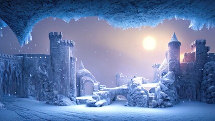 Naklejka premium Ancient stone winter castle. Fantasy snowy landscape with a castle. Magical luminous passage, crystal portal. Winter castle on the mountain, winter forest. 3D illustration