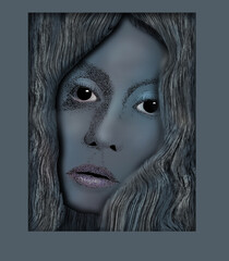 AN attractive young female woman’s face is seen in muted tones inside a skewed mat in a frame in this 3-d illustration.