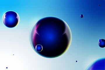 Realistic blue soap bubbles on a blurred background.