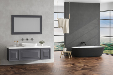 Fototapeta na wymiar Interior of modern bathroom with white and dark walls, parquet floor, bathtub, indoor plants, white sink standing on white countertop and a oval mirror hanging above it. 3d rendering