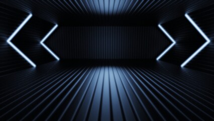 Obraz premium Blue-white neon laser led lights on Sci-Fi futuristic modern spaceship in dark tunnel. Black corridor hangar garage metal glossy with showroom empty stage. Concept 3D CG of fantastic world.