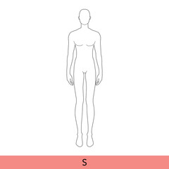 S size Men Fashion template 9 nine head small size Croquis Gentlemen model skinny body figure front view. Vector outline sketch isolated boy for Fashion Design, Illustration, technical drawing