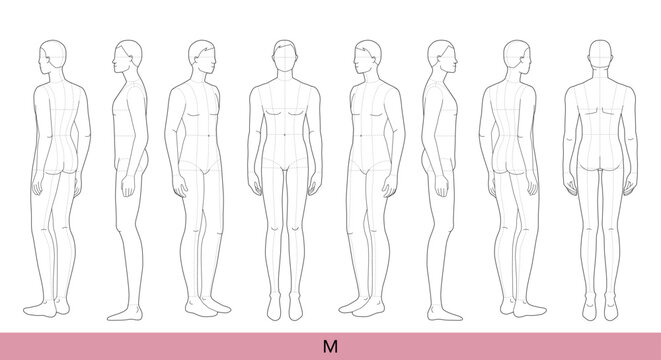 Set of M Size Men Fashion template 9 nine head medium Croquis with main lines Gentlemen model skinny body figure front, side, 3-4, back view. Vector isolated sketch outline boy for Fashion Design