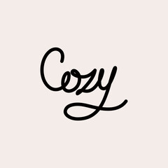 Cozy text. Only one single word. Printable graphic tee. Design doodle for print. Vector illustration. Black and white. Cartoon hand drawn calligraphy style.
