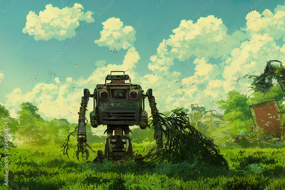 Poster animation style, run down huge old robot abandoned and overgrown with foliage sitting in a wheat fie