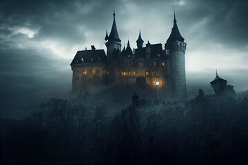 Fototapeta Spooky Dracula castle, Painting of haunted mansion obraz