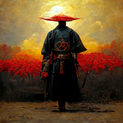 Japanese samurai standing in front of red sun, ultra realistic, painting. High quality illustration