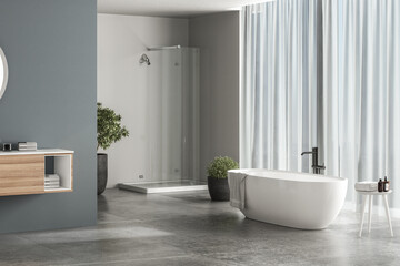 Modern bathroom interior with blue background, concrete flooring, white bathtub, shower and sink, side view. Minimalist bathroom with modern furniture. 3D rendering