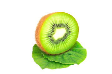 Obraz na płótnie Canvas Ripe whole kiwi fruit and half kiwi fruit and green leaves isolated on white background