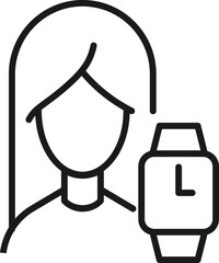 Profession, occupation, hobby of woman. Outline sign drawn with black thin line. Editable stroke. Vector monochrome line icon of wristwatch by female
