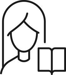 Profession, occupation, hobby of woman. Outline sign drawn with black thin line. Editable stroke. Vector monochrome line icon of opened book by female