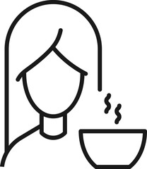 Profession, occupation, hobby of woman. Outline sign drawn with black thin line. Editable stroke. Vector monochrome line icon of teacup by female