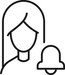 Profession, occupation, hobby of woman. Outline sign drawn with black thin line. Editable stroke. Vector monochrome line icon of bell by female