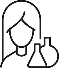 Profession, occupation, hobby of woman. Outline sign drawn with black thin line. Editable stroke. Vector monochrome line icon of laboratory bulb by female