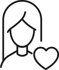 Profession, occupation, hobby of woman. Outline sign drawn with black thin line. Editable stroke. Vector monochrome line icon of heart by female