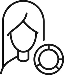 Profession, occupation, hobby of woman. Outline sign drawn with black thin line. Editable stroke. Vector monochrome line icon of pie chart by female
