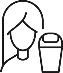 Profession, occupation, hobby of woman. Outline sign drawn with black thin line. Editable stroke. Vector monochrome line icon of trash can by female