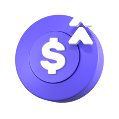 3d render blue coin with up sign minimalist icon