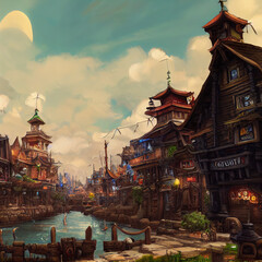 Obraz premium Street view, a wondrous amazing fantasy city town square. High quality illustration