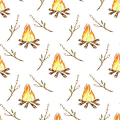 Watercolor illustration pattern of marshmallows roasted on fire, on a stick. Outdoor recreation, camping. For the design of design compositions on the theme of tourism, hiking, outdoor recreation. 