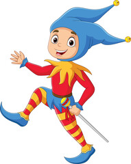 Cartoon happy jester waving hand