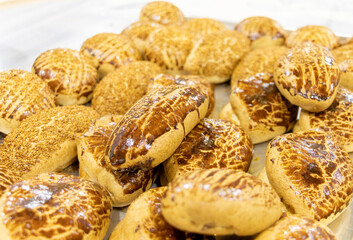 Hot and fresh pastry in a tray. Turkish name: Pogaca