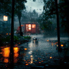 Walking Under the Rainfall. City lights. Concept Art Scenery. CG Artwork Background