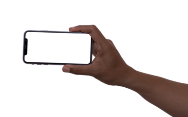 African hand with smart phone touch on screen by finger