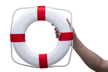 Accident prevention and water rescue. Life buoy ring lifebelt in Man hands on translucent background. - obrazy, fototapety, plakaty