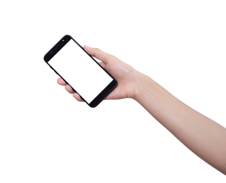 hand with smart phone of female Asia girl on white back ground isolate, touch on screen by finger and hold by hand with clipping path.