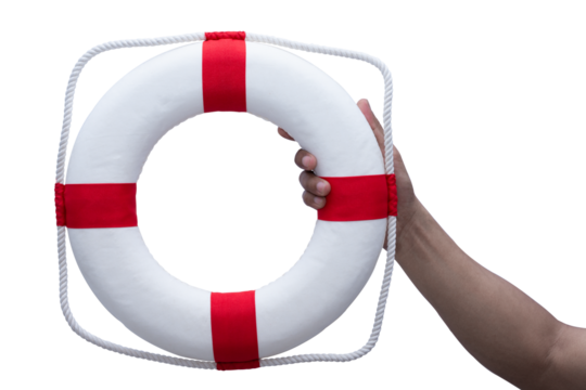 Accident prevention and water rescue. Life buoy ring lifebelt in Man hands on translucent background.
