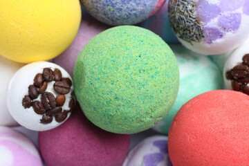 Colorful bath bombs as background, above view