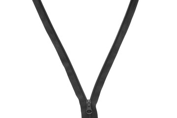 Black zipper on white background, top view