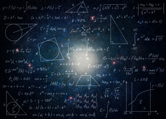 Illustration of basic physics and mathematics formulas and galaxy in universe