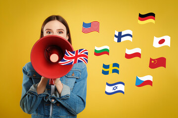 Portrait of interpreter with megaphone and flags of different countries on yellow background