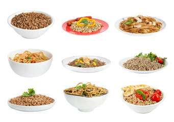 Set with tasty buckwheat porridge and noodles on white background