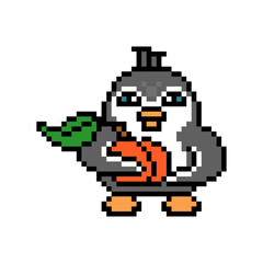 Happy penguin holding a peach, cute pixel art animal character isolated on white background. Old school retro 80's-90's 8 bit slot machine, 2d video game graphics. Bird with a fruit, cartoon mascot.
