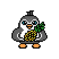 Penguin holding a pineapple, cute pixel art animal character isolated on white background. Old school retro 80's-90's 8 bit slot machine, 2d video game graphics. Bird with a fruit, cartoon mascot.