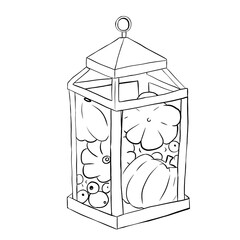 Lantern with pumpkins and berries for halloween, line illustration