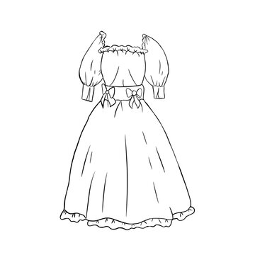 recommend clip art: Old fashioned dress with bows, fashion illustration in line art style