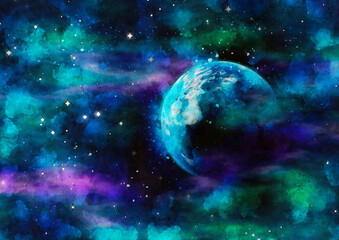 Planet with stars, watercolor art universe