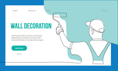 Home Repair Concept. Website Landing Page. Repairmen Workers Are Making Works Of House. Cartoon Characters Paint Walls And Put Tile. Linear Outline Vector Illustration.