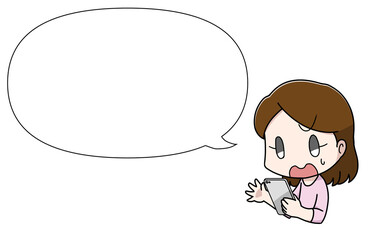 スマートフォンを使う大人の女性・焦り顔 フキダシ付き