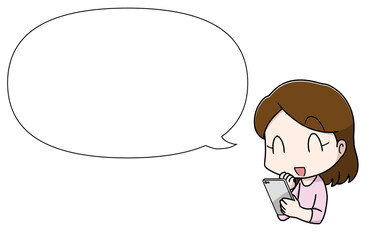 スマートフォンを使う大人の女性・喜び顔 フキダシ付き