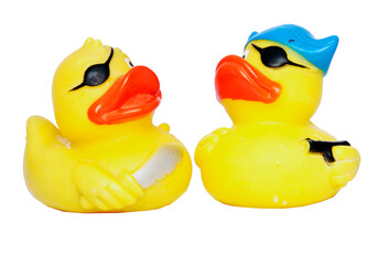 Two yellow toy pirate  ducks transparent  - 529075699