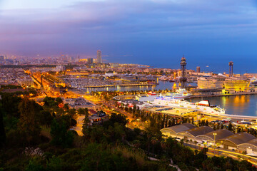 Fototapeta na wymiar Aerial panoramic view of modern Barcelona cityscape on Mediterranean coast with seaport on spring evening, Spain.