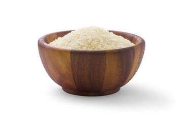 Rice in wooden bowl isolated on white background.