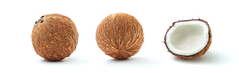 Dry coconuts out peel collection isolated on white background.