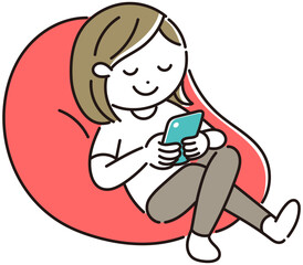 ビーズクッションでスマホを見ながら寛ぐ女性のベクター画像